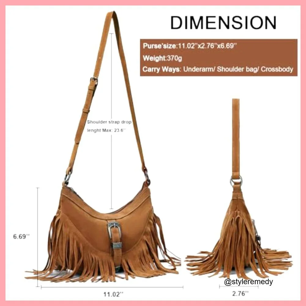Faux Suede Mini Hobo Bag with Fringe Tassel Adjustable Strap